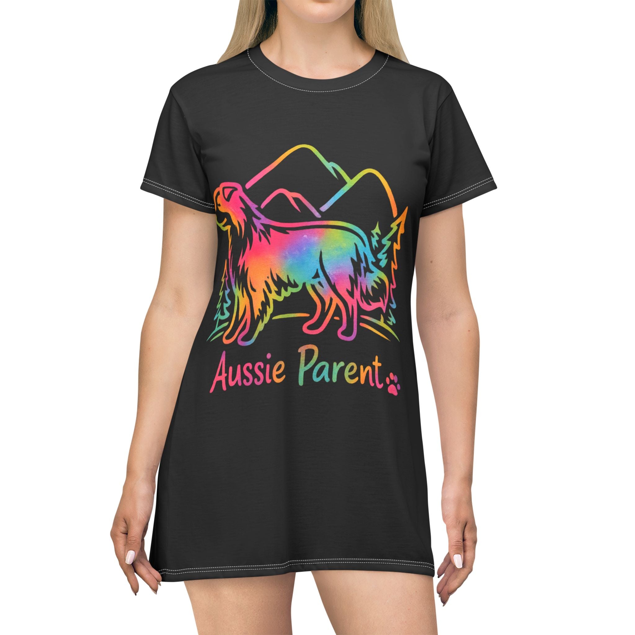 Aussie Parent T-Shirt Dress – Australian Shepherd Dog Lover Dress, Aussie Mom Gift, Colorful Dog Parent Outfit