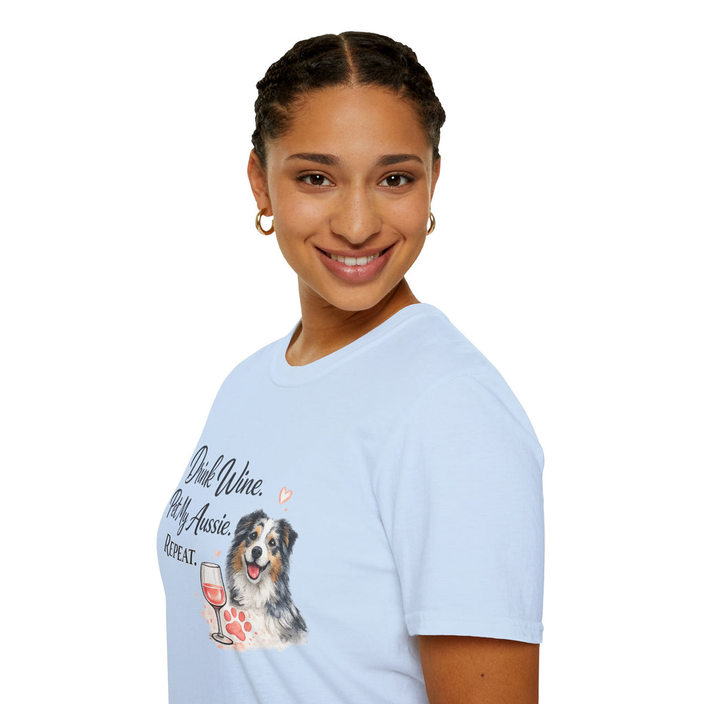Drink Wine Pet My Aussie Repeat T-Shirt – Funny Australian Shepherd Dog Mom Tee, Aussie Lover Gift, Wine Lover Dog Owner Shirt
