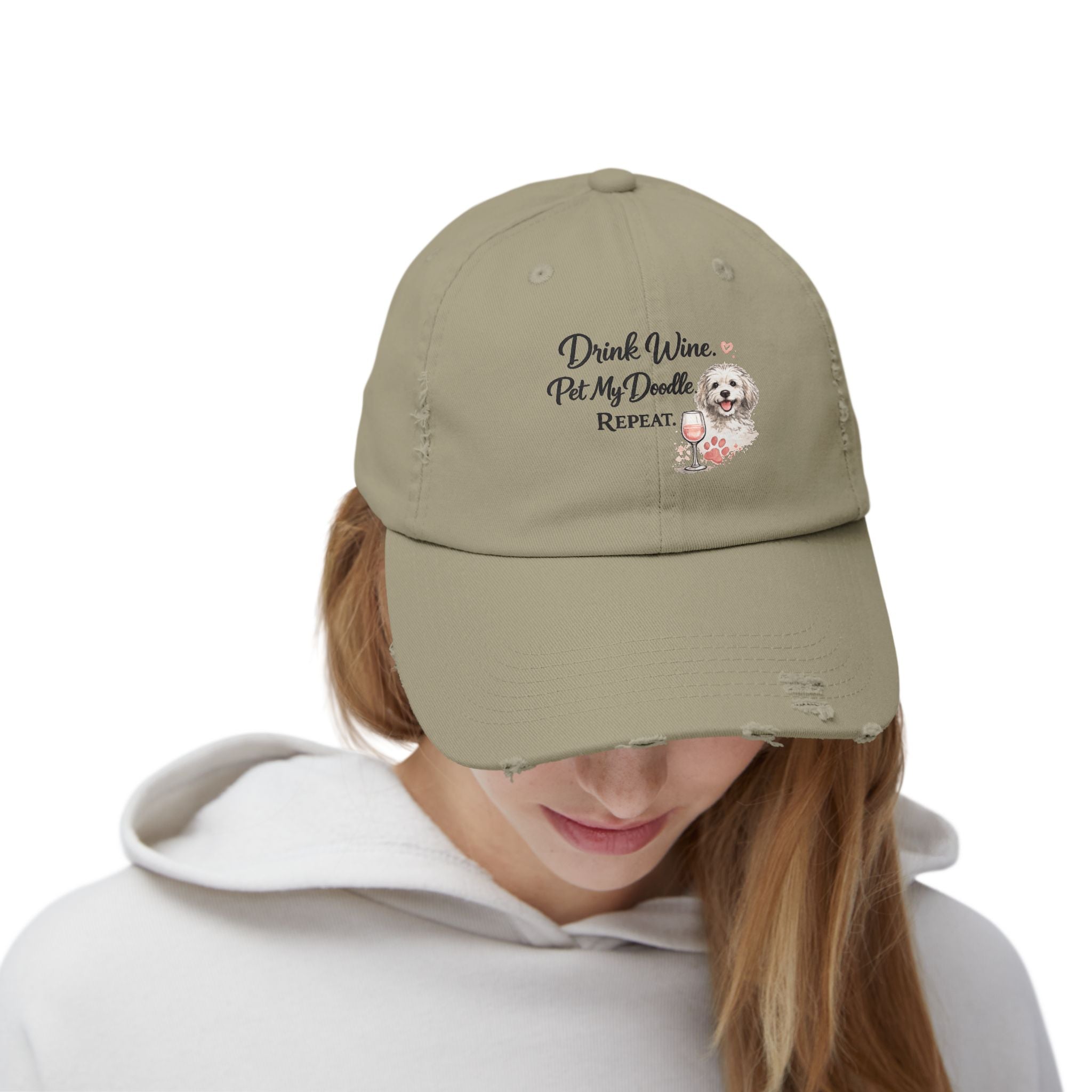 Doodle Wine Repeat Distressed Hat – Funny Doodle Dog Mom Cap, Dog Lover Wine Hat, Cute Pet Owner Gift