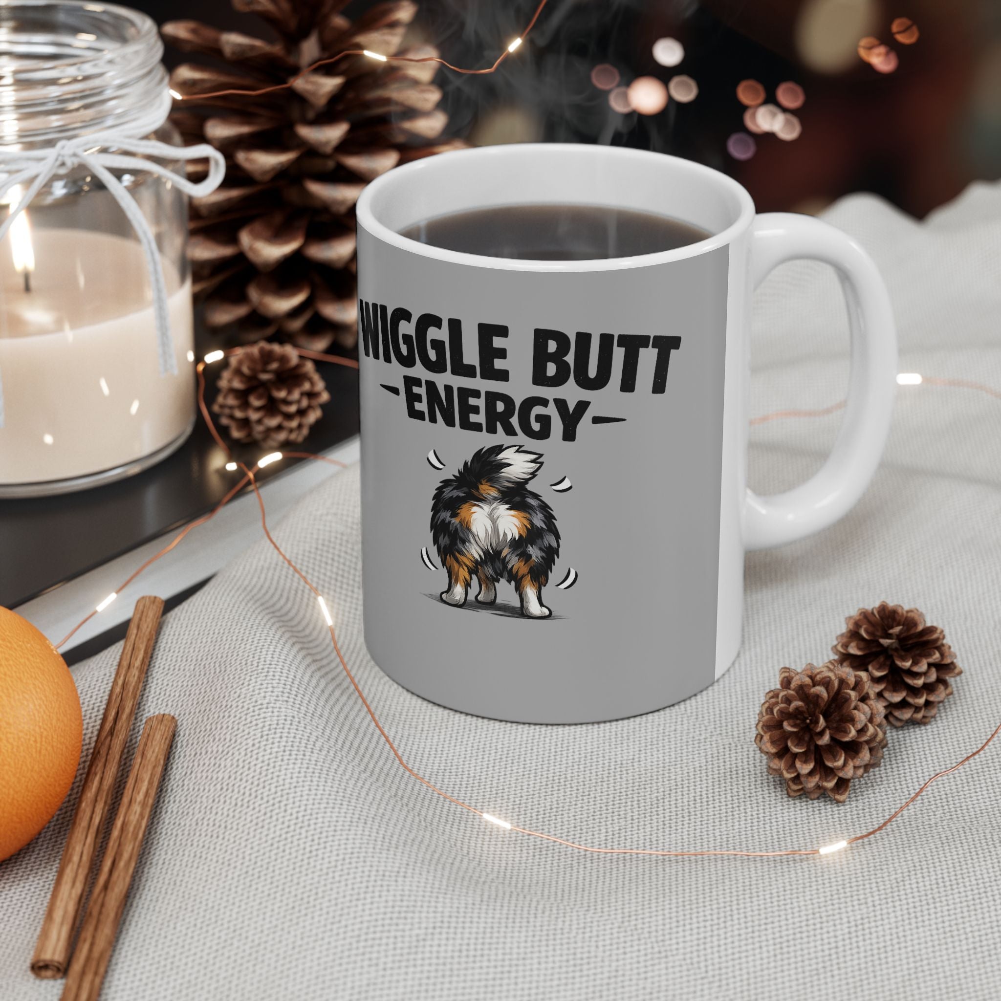 Wiggle Butt Energy Mug – Funny Australian Shepherd Coffee Mug, Dog Lover Gift, Aussie Owner Cup (11oz, 15oz)