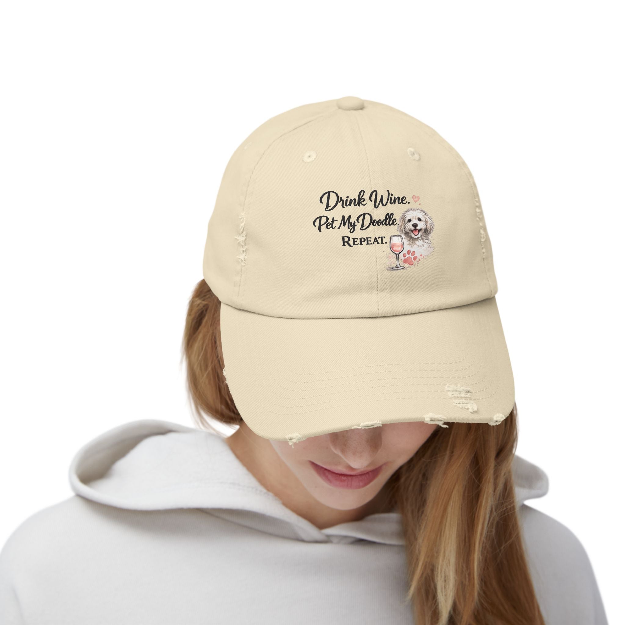 Doodle Wine Repeat Distressed Hat – Funny Doodle Dog Mom Cap, Dog Lover Wine Hat, Cute Pet Owner Gift