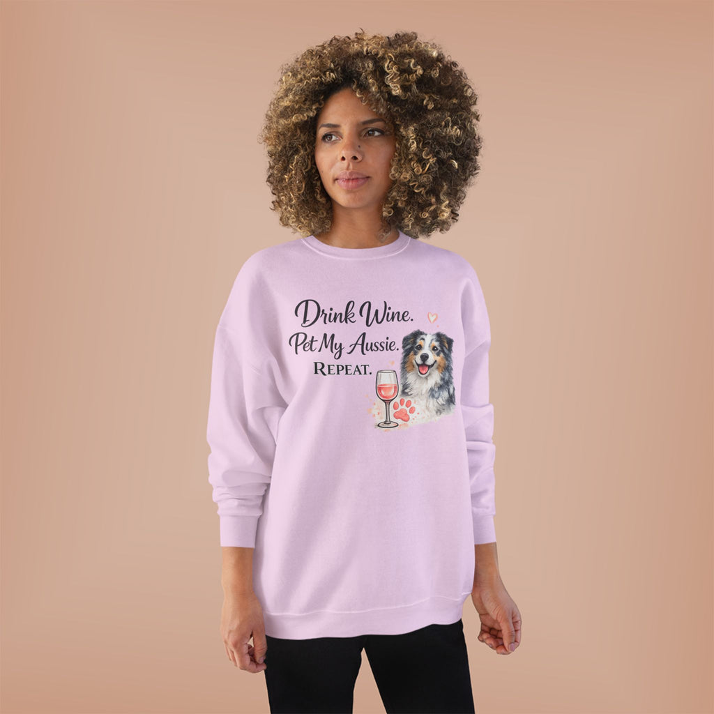 Drink Wine Pet My Aussie Repeat Sweatshirt – Funny Australian Shepherd Dog Mom Crewneck, Aussie Lover Gift, Wine Lover Dog Owner Pullover