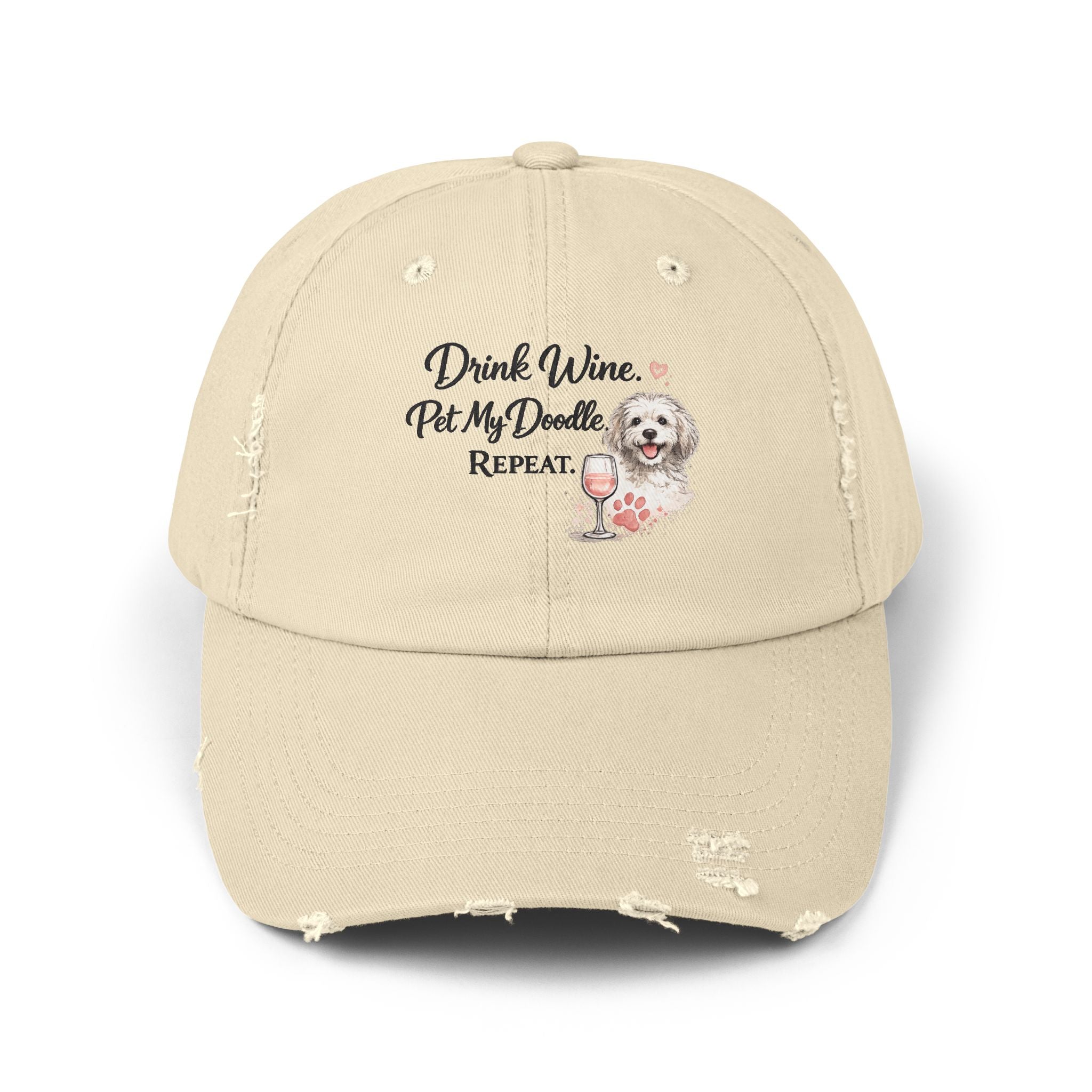 Doodle Wine Repeat Distressed Hat – Funny Doodle Dog Mom Cap, Dog Lover Wine Hat, Cute Pet Owner Gift