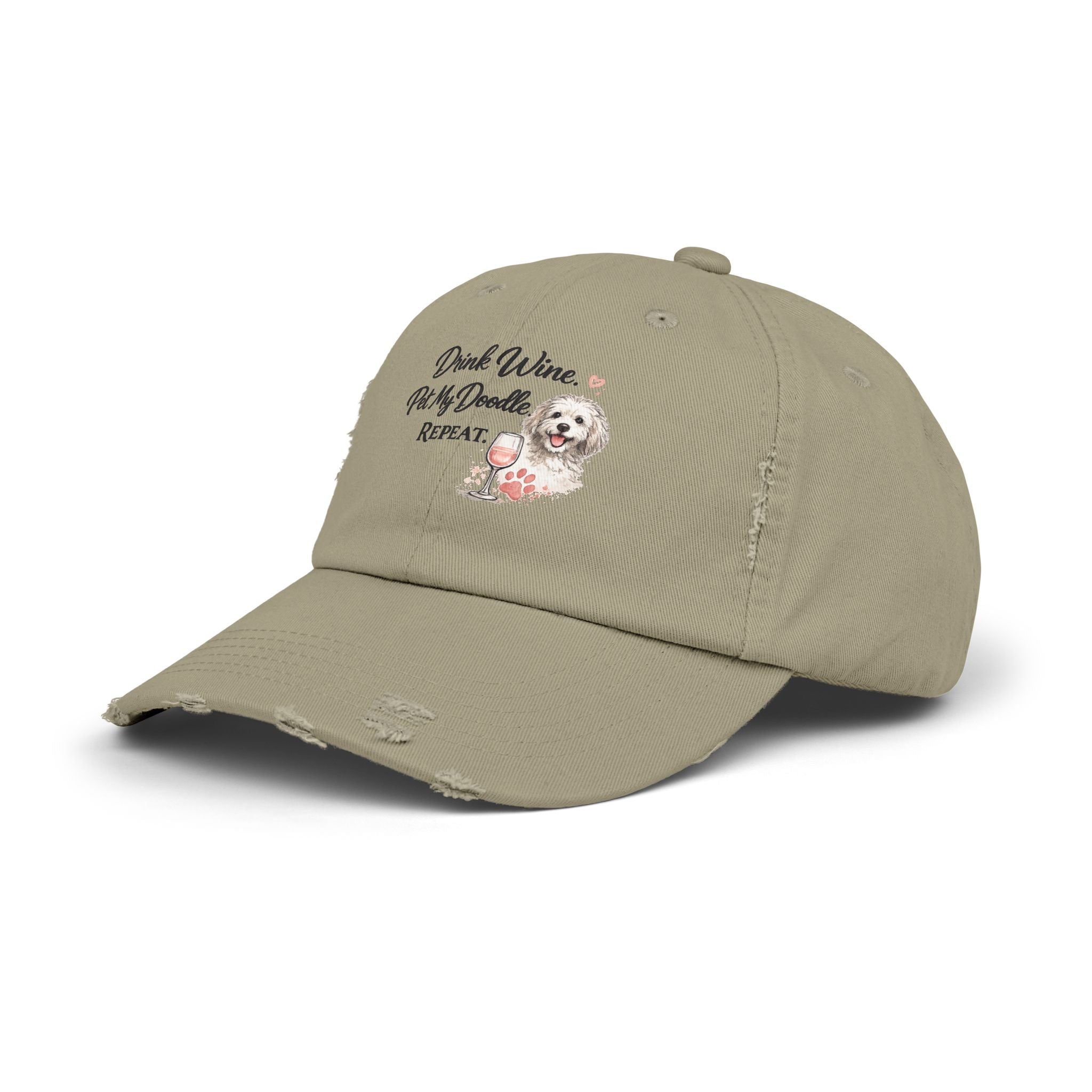 Doodle Wine Repeat Distressed Hat – Funny Doodle Dog Mom Cap, Dog Lover Wine Hat, Cute Pet Owner Gift