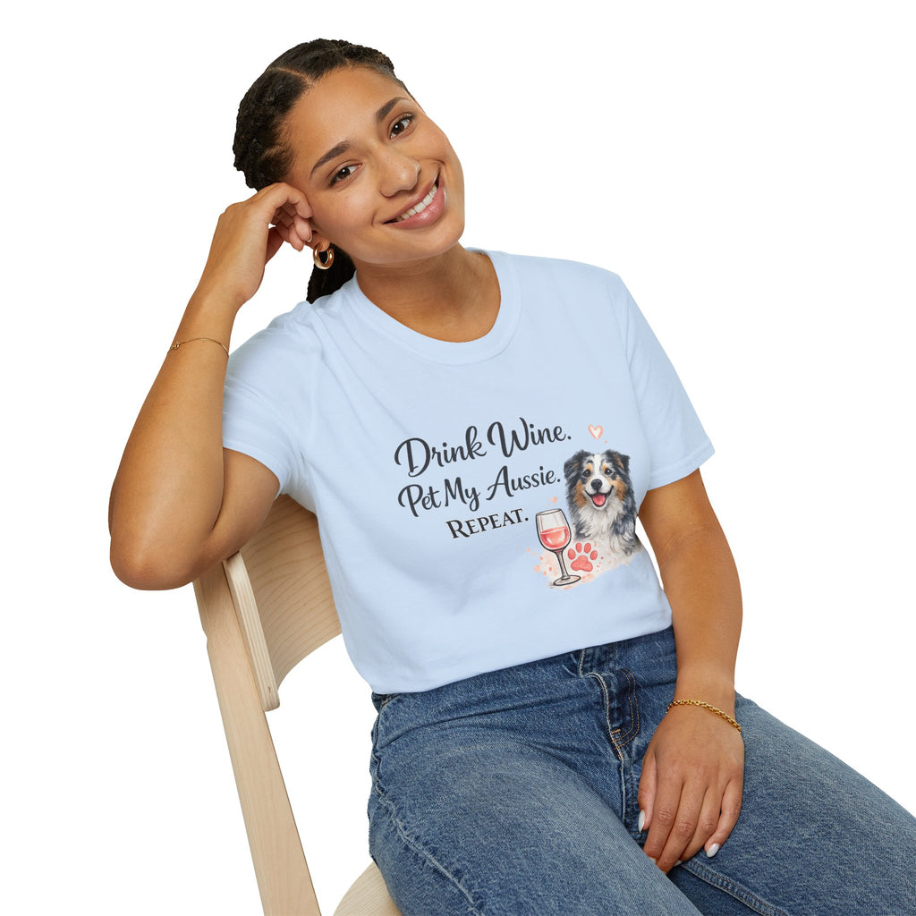 Drink Wine Pet My Aussie Repeat T-Shirt – Funny Australian Shepherd Dog Mom Tee, Aussie Lover Gift, Wine Lover Dog Owner Shirt