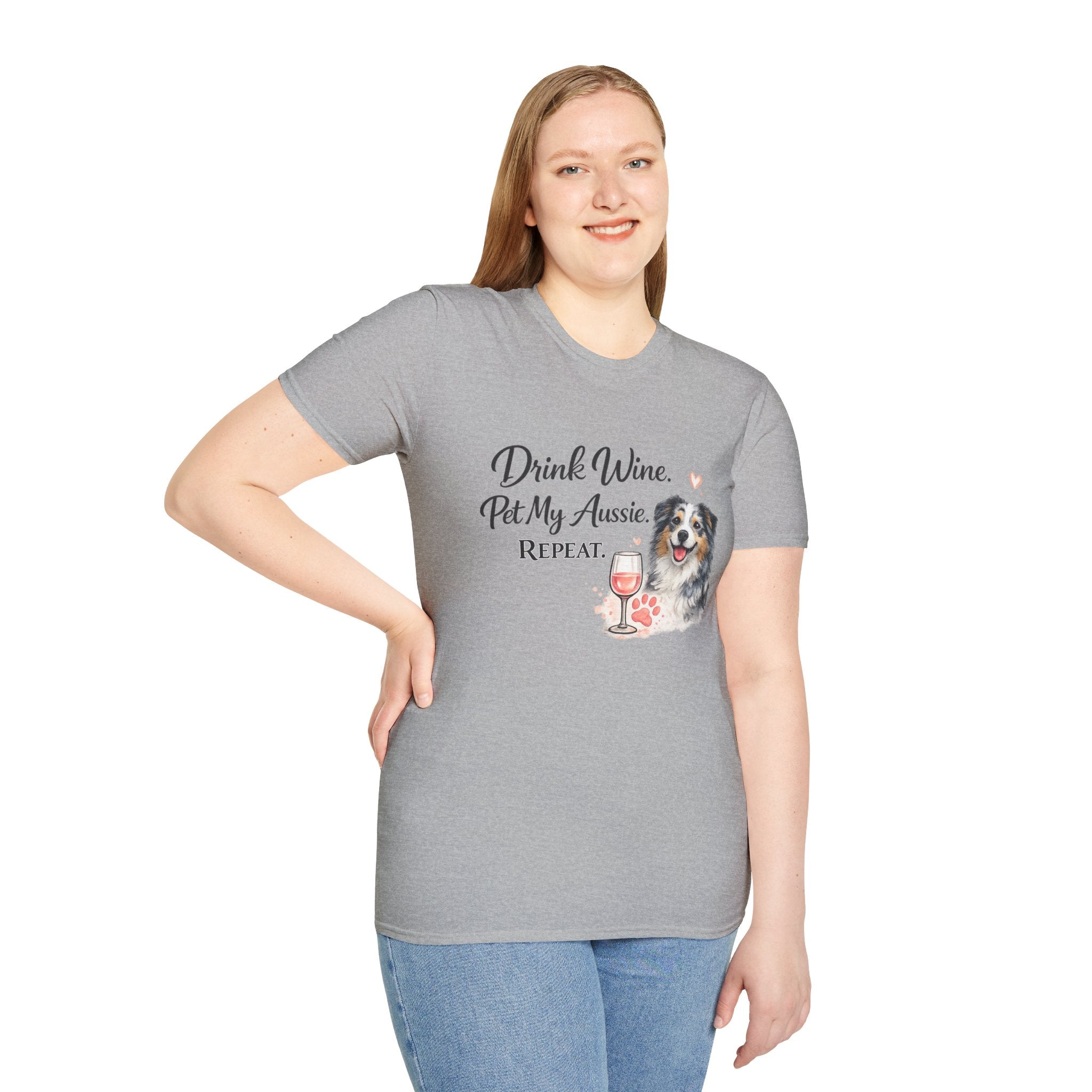 Drink Wine Pet My Aussie Repeat T-Shirt – Funny Australian Shepherd Dog Mom Tee, Aussie Lover Gift, Wine Lover Dog Owner Shirt
