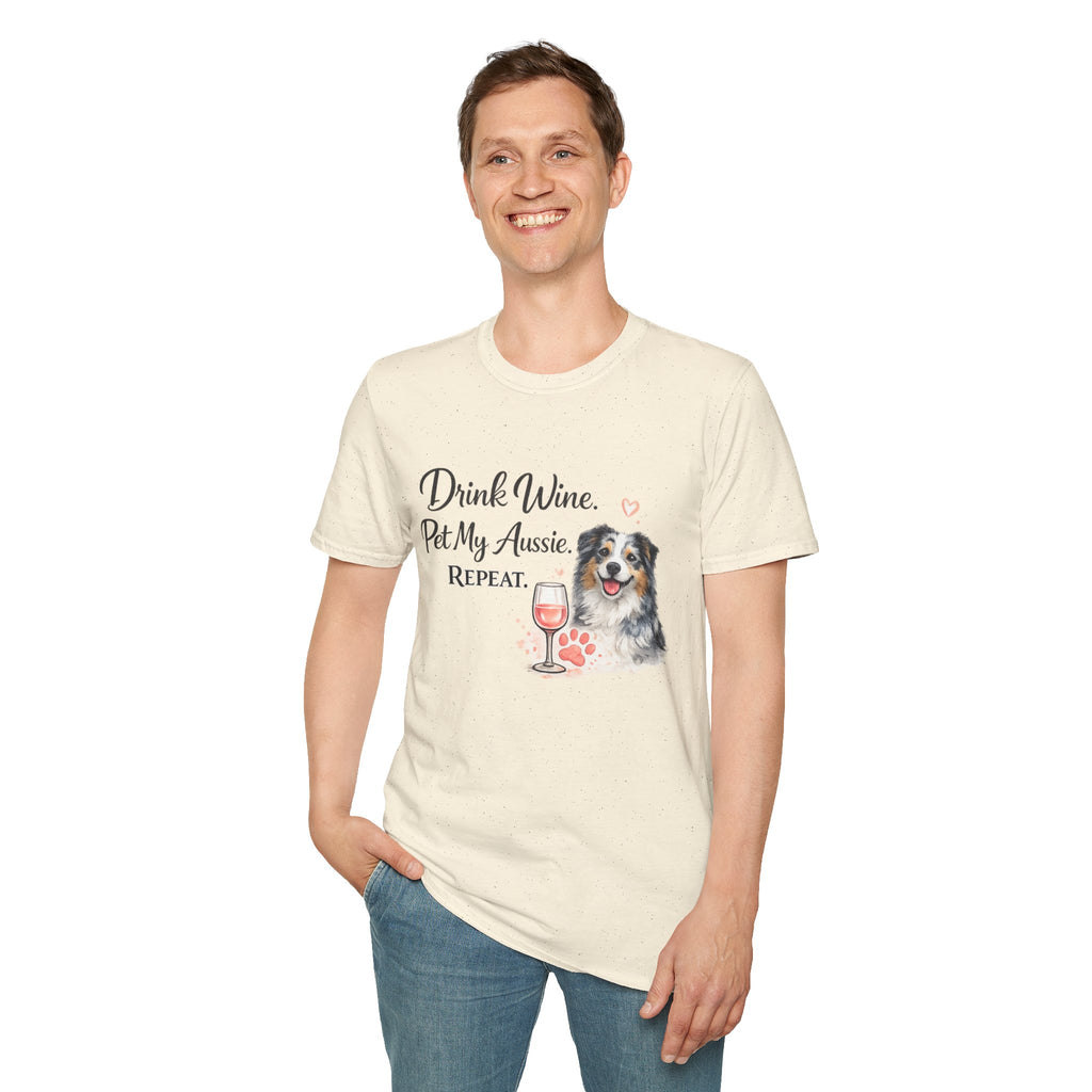 Drink Wine Pet My Aussie Repeat T-Shirt – Funny Australian Shepherd Dog Mom Tee, Aussie Lover Gift, Wine Lover Dog Owner Shirt