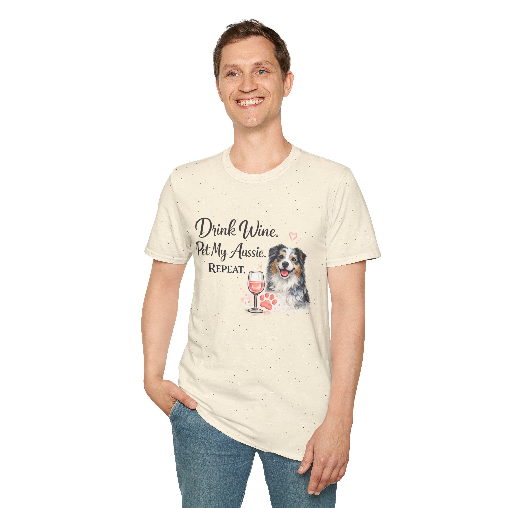 Drink Wine Pet My Aussie Repeat T-Shirt – Funny Australian Shepherd Dog Mom Tee, Aussie Lover Gift, Wine Lover Dog Owner Shirt