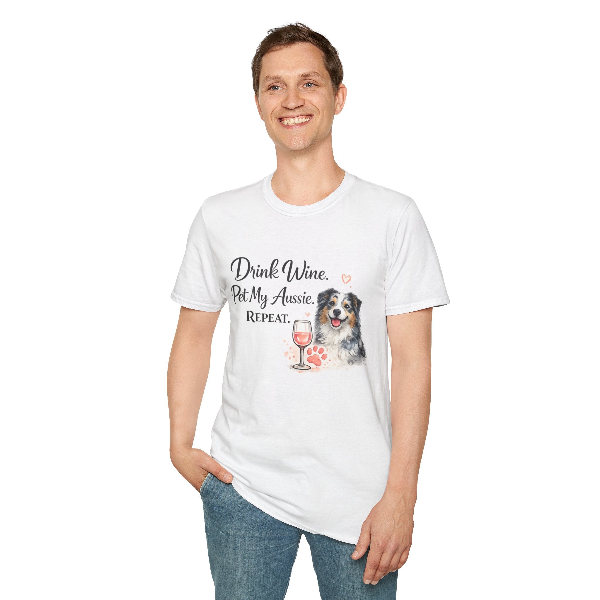 Drink Wine Pet My Aussie Repeat T-Shirt – Funny Australian Shepherd Dog Mom Tee, Aussie Lover Gift, Wine Lover Dog Owner Shirt