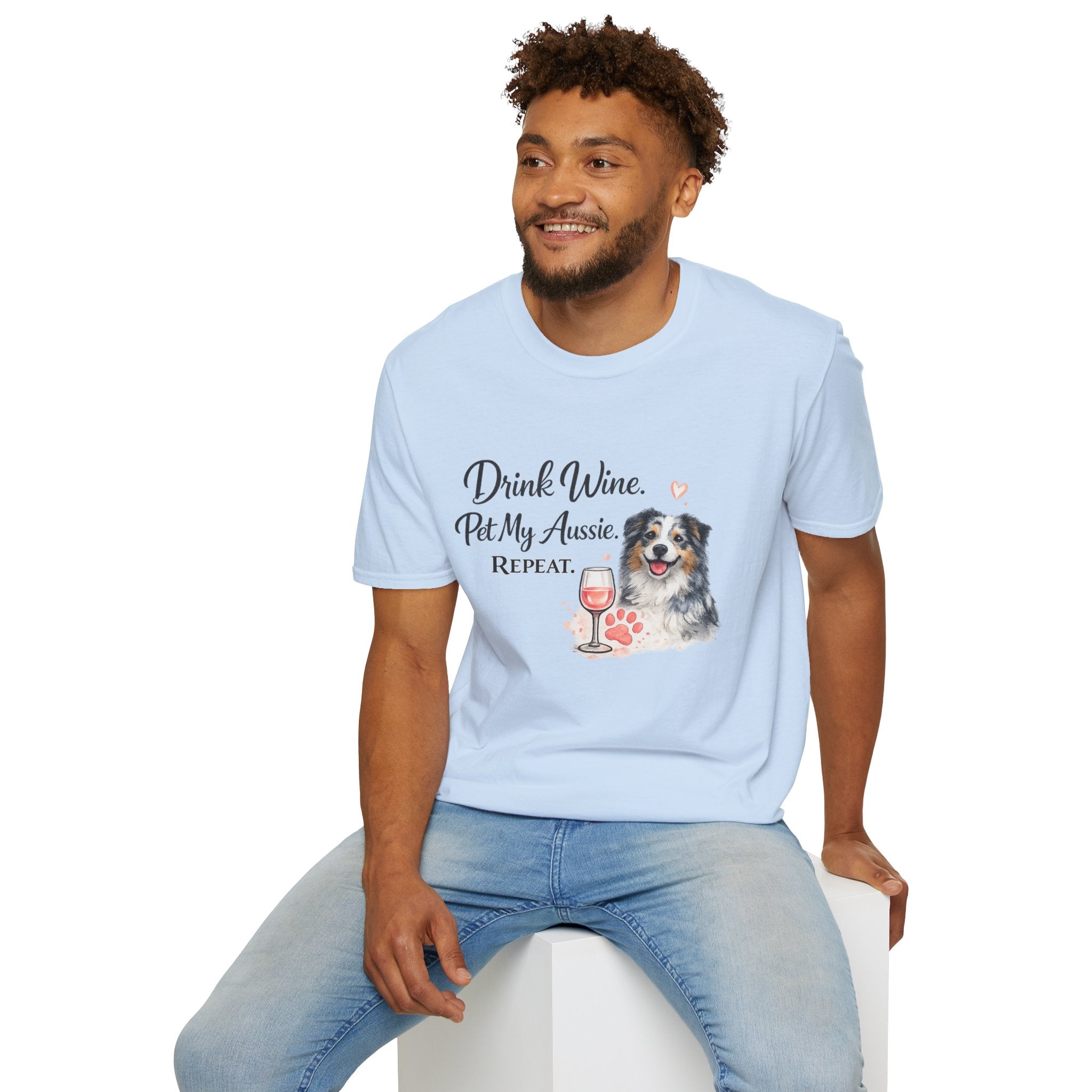 Drink Wine Pet My Aussie Repeat T-Shirt – Funny Australian Shepherd Dog Mom Tee, Aussie Lover Gift, Wine Lover Dog Owner Shirt