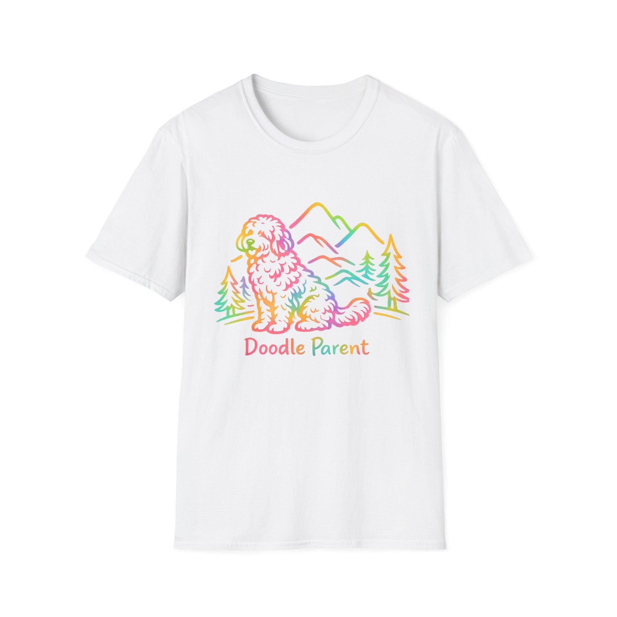 Doodle Parent T‑Shirt — Colorful Mountain Goldendoodle Design