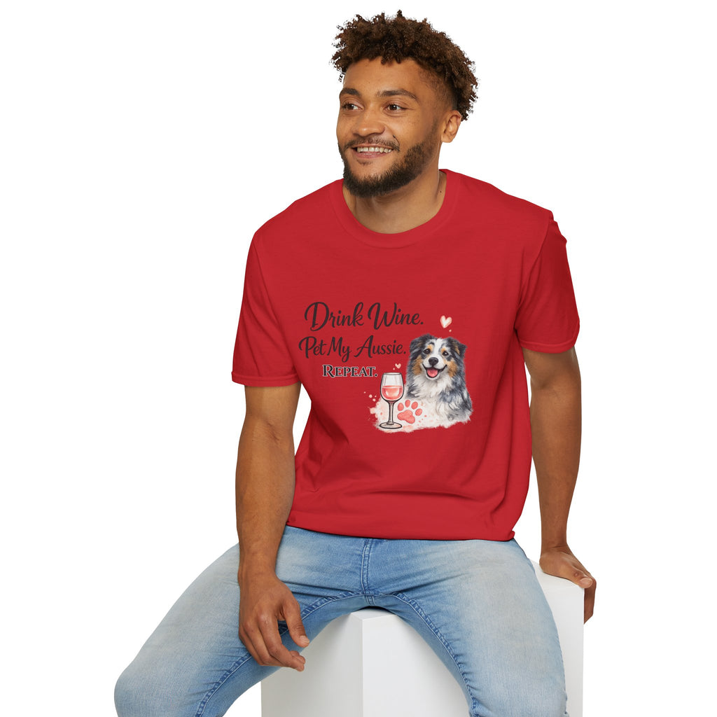 Drink Wine Pet My Aussie Repeat T-Shirt – Funny Australian Shepherd Dog Mom Tee, Aussie Lover Gift, Wine Lover Dog Owner Shirt