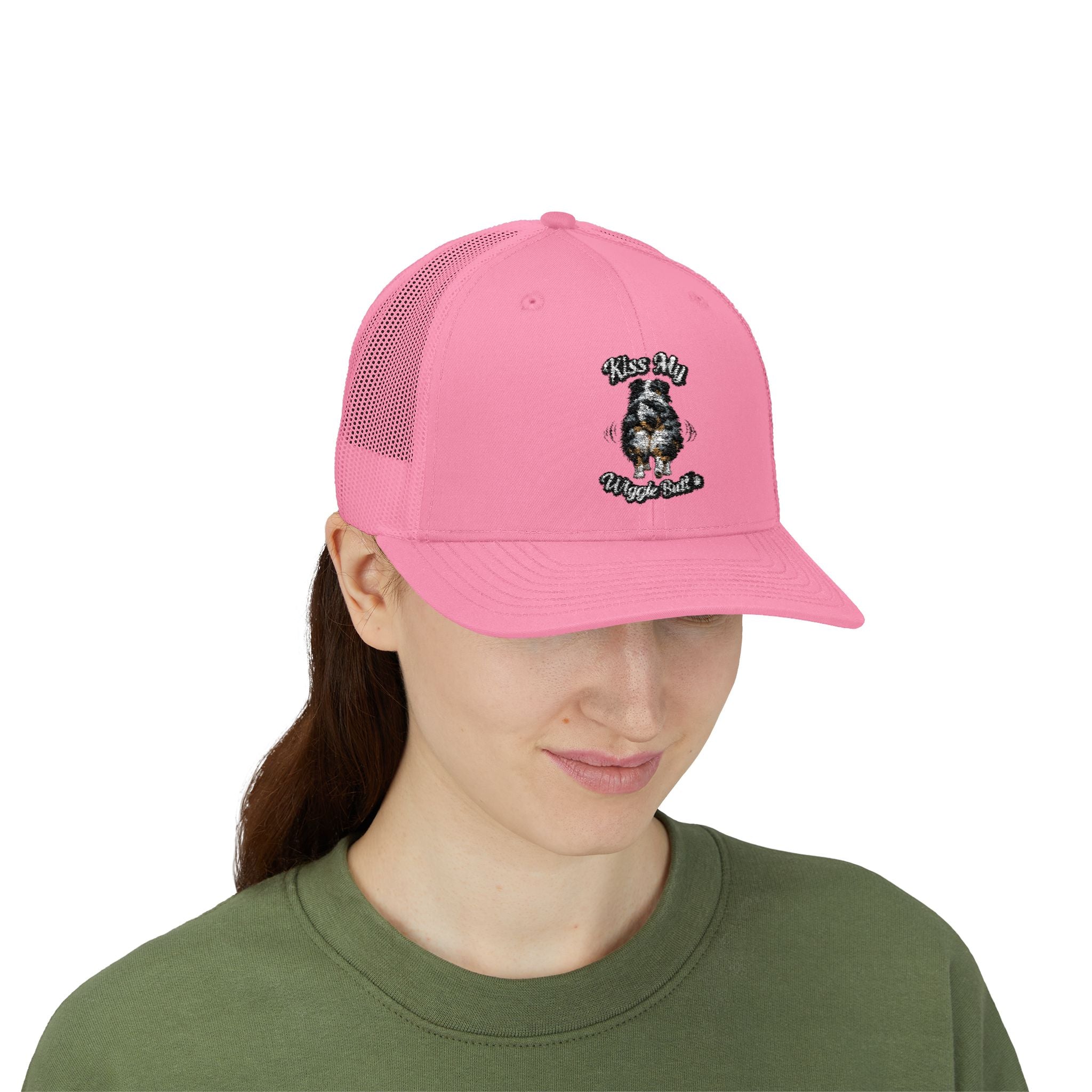 Kiss My Wiggle Butt Aussie Hat | Australian Shepherd Trucker Cap | Funny Dog Hat | Aussie Mom/Dad Gift