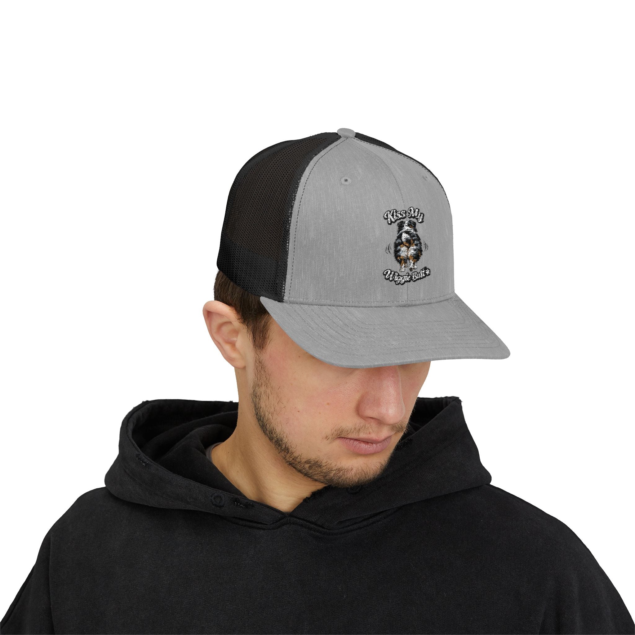 Kiss My Wiggle Butt Aussie Hat | Australian Shepherd Trucker Cap | Funny Dog Hat | Aussie Mom/Dad Gift