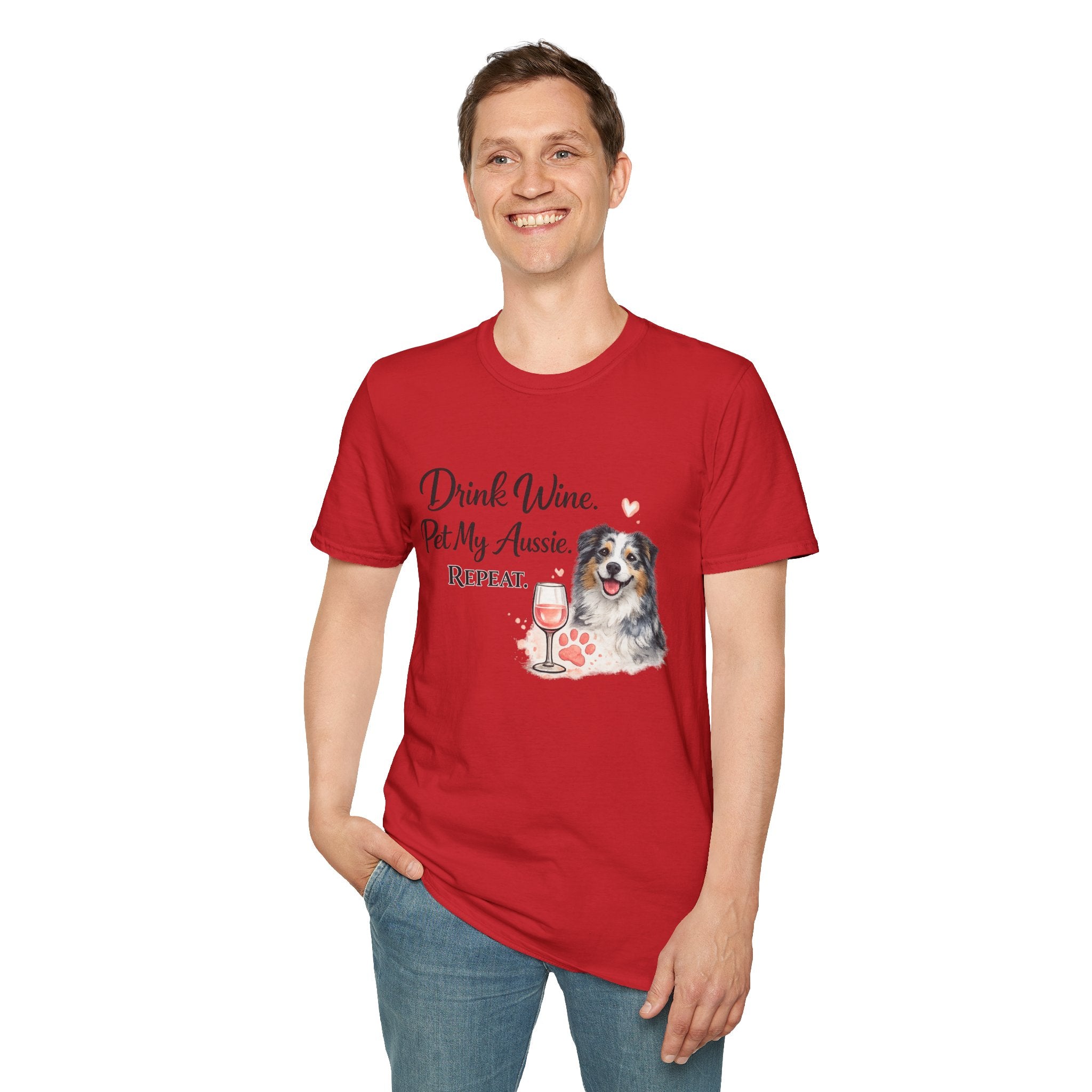 Drink Wine Pet My Aussie Repeat T-Shirt – Funny Australian Shepherd Dog Mom Tee, Aussie Lover Gift, Wine Lover Dog Owner Shirt