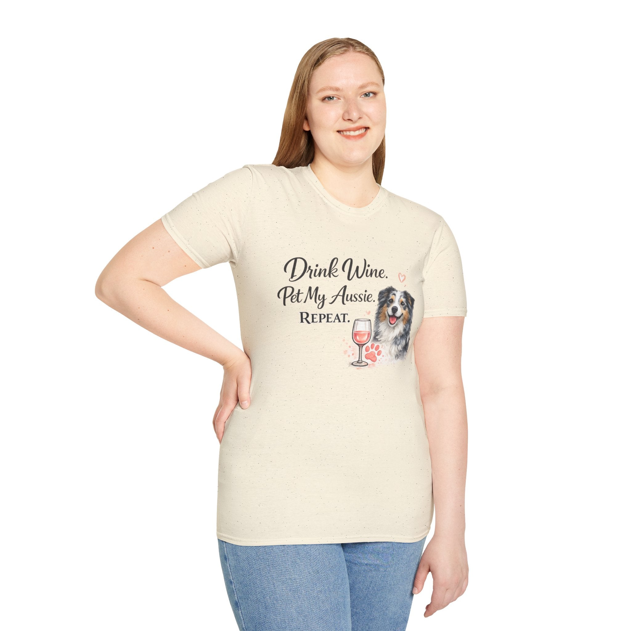 Drink Wine Pet My Aussie Repeat T-Shirt – Funny Australian Shepherd Dog Mom Tee, Aussie Lover Gift, Wine Lover Dog Owner Shirt
