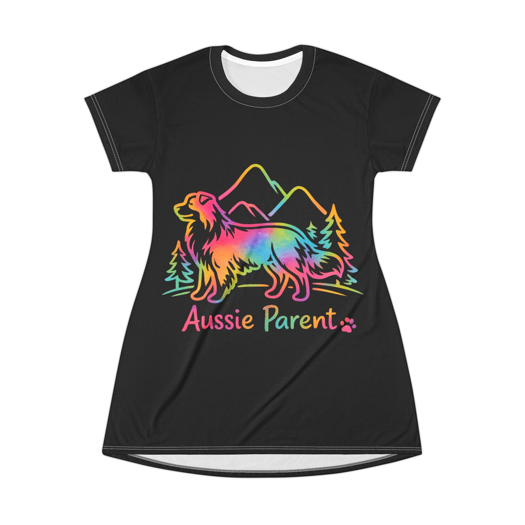 Aussie Parent T-Shirt Dress – Australian Shepherd Dog Lover Dress, Aussie Mom Gift, Colorful Dog Parent Outfit