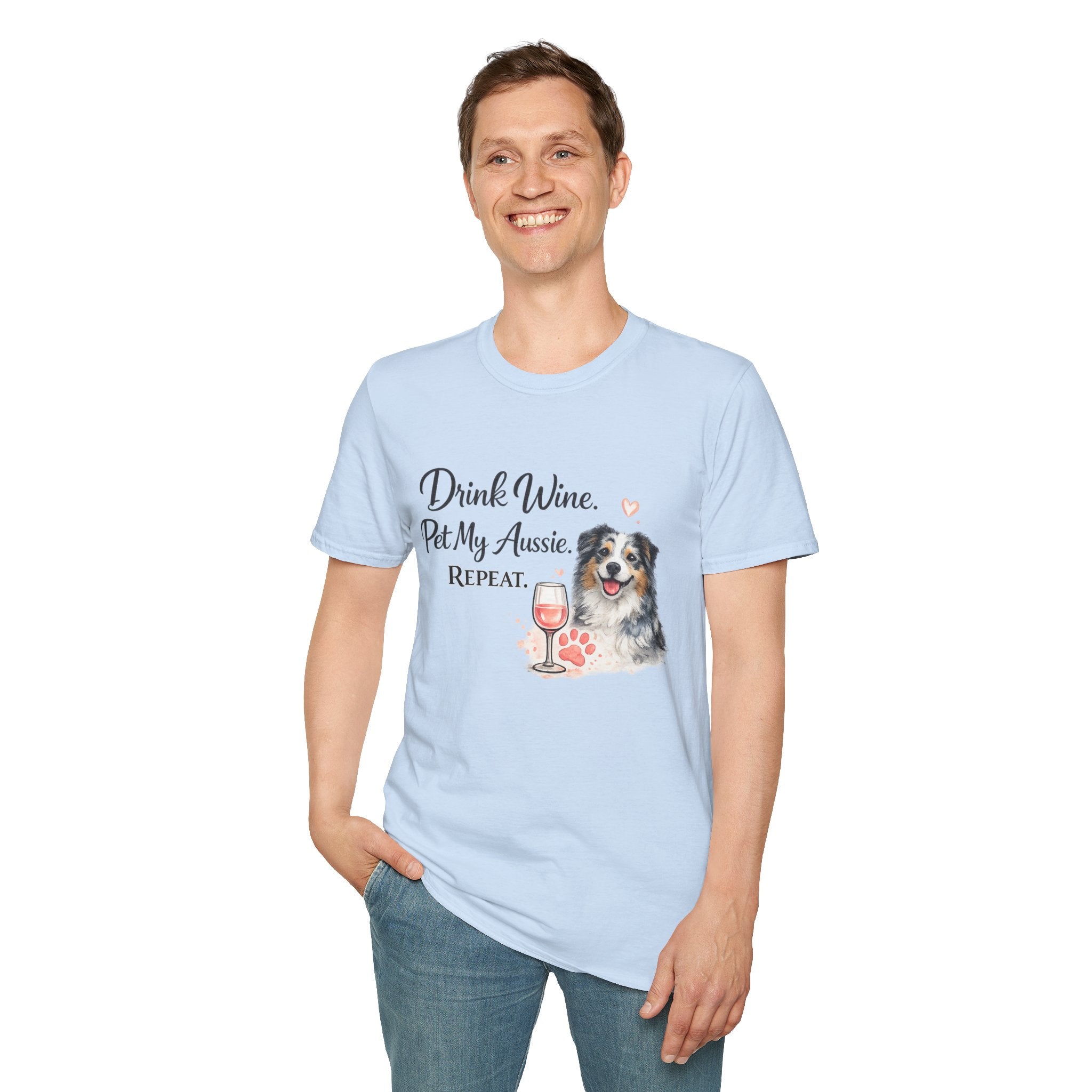 Drink Wine Pet My Aussie Repeat T-Shirt – Funny Australian Shepherd Dog Mom Tee, Aussie Lover Gift, Wine Lover Dog Owner Shirt