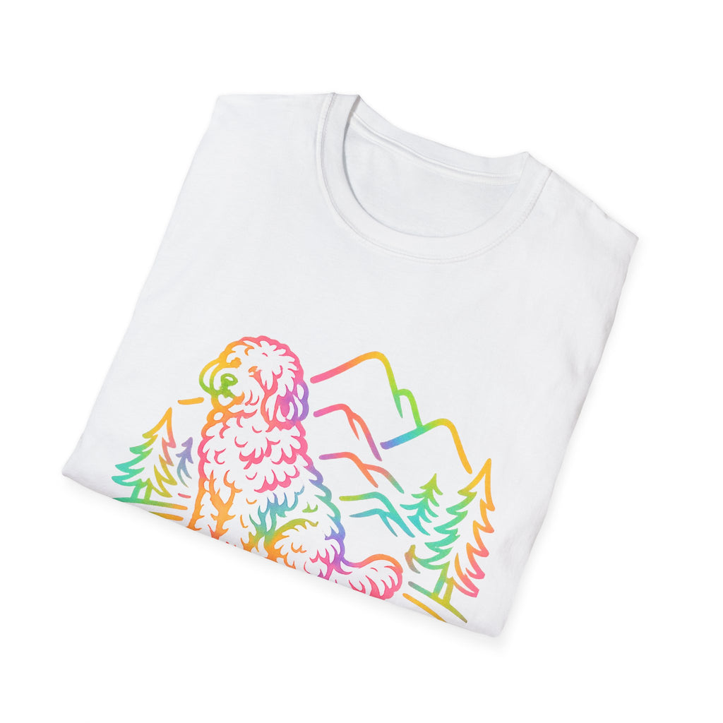 Doodle Parent T‑Shirt — Colorful Mountain Goldendoodle Design