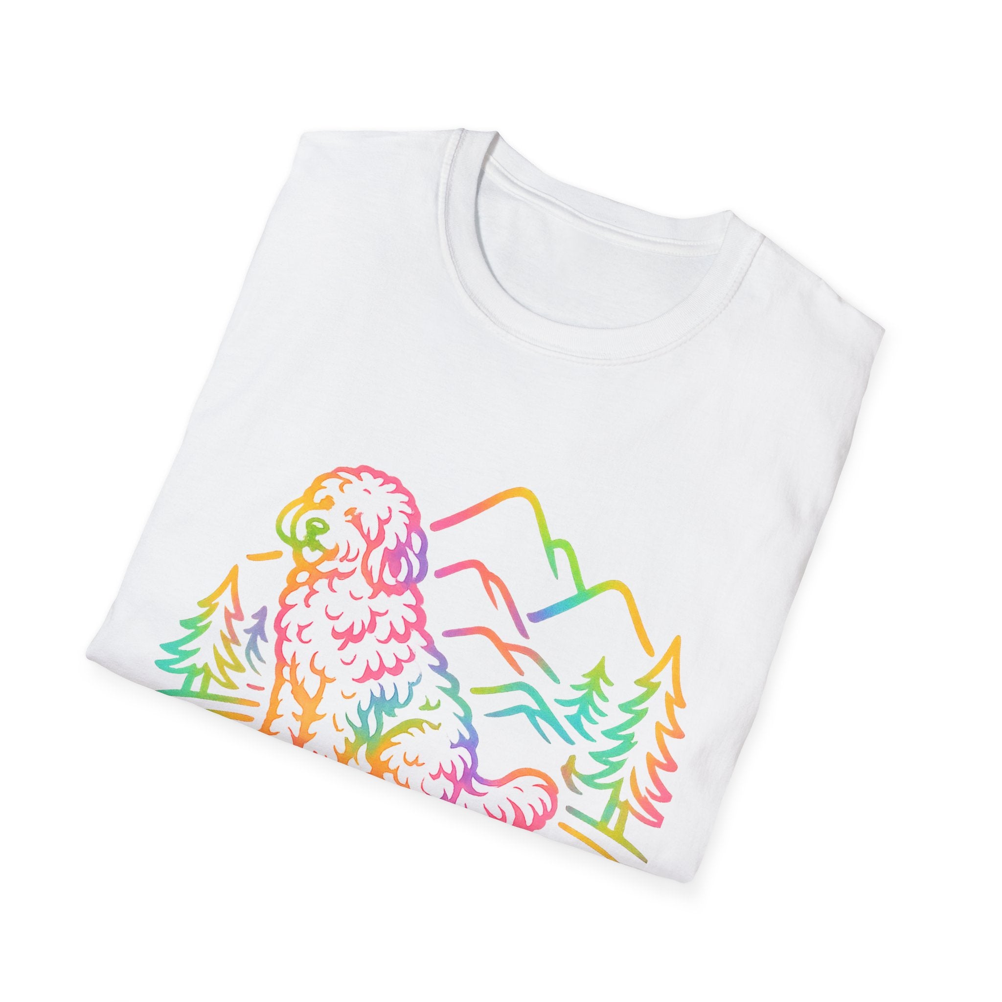 Doodle Parent T‑Shirt — Colorful Mountain Goldendoodle Design