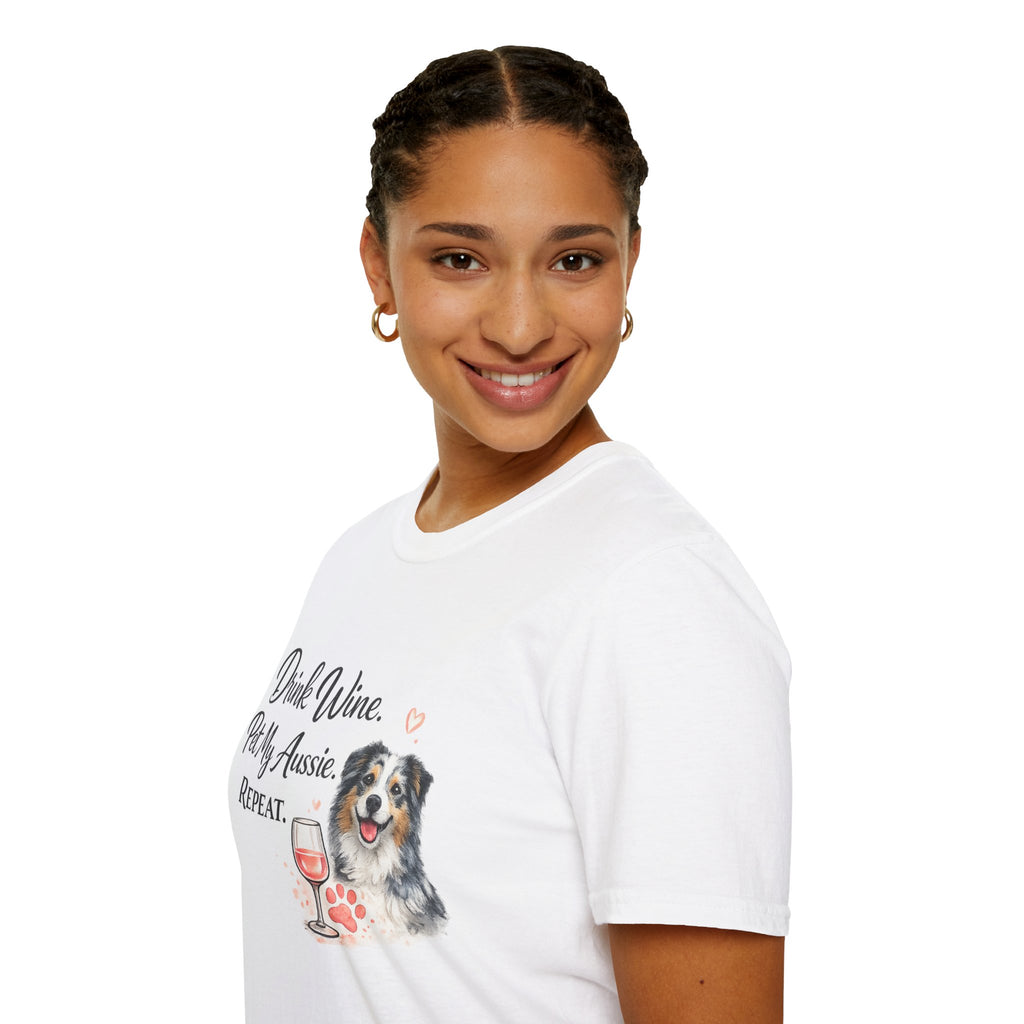 Drink Wine Pet My Aussie Repeat T-Shirt – Funny Australian Shepherd Dog Mom Tee, Aussie Lover Gift, Wine Lover Dog Owner Shirt