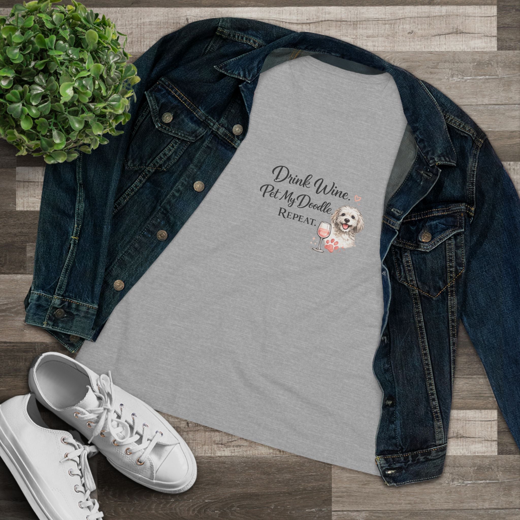 Drink Wine Pet My Doodle Repeat Tee — Women's Dog Lover Wine T‑Shirt
