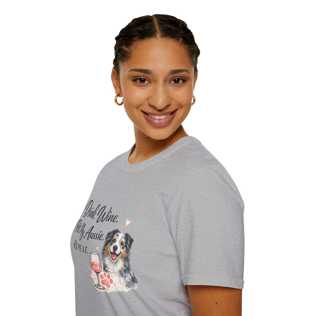 Drink Wine Pet My Aussie Repeat T-Shirt – Funny Australian Shepherd Dog Mom Tee, Aussie Lover Gift, Wine Lover Dog Owner Shirt
