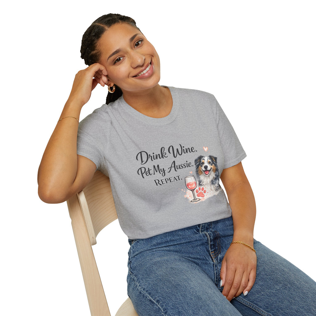 Drink Wine Pet My Aussie Repeat T-Shirt – Funny Australian Shepherd Dog Mom Tee, Aussie Lover Gift, Wine Lover Dog Owner Shirt