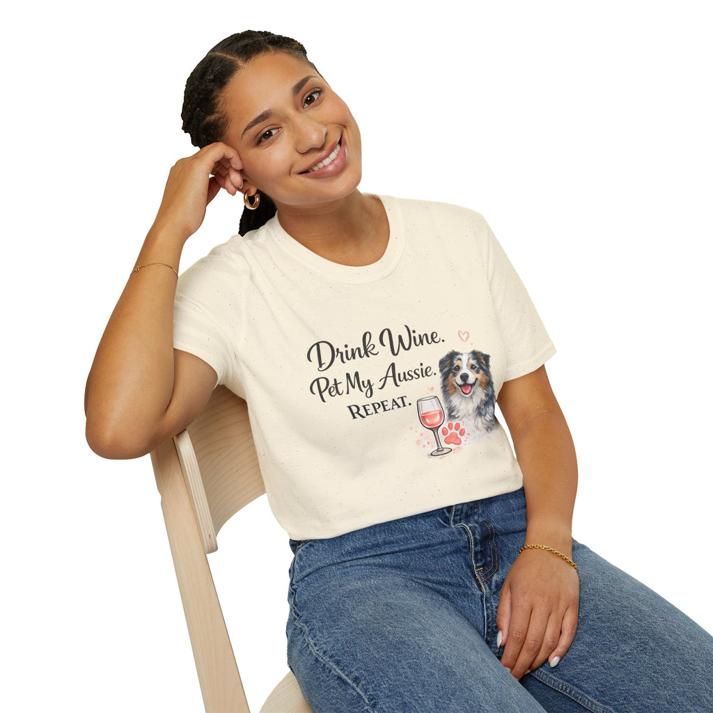 Drink Wine Pet My Aussie Repeat T-Shirt – Funny Australian Shepherd Dog Mom Tee, Aussie Lover Gift, Wine Lover Dog Owner Shirt