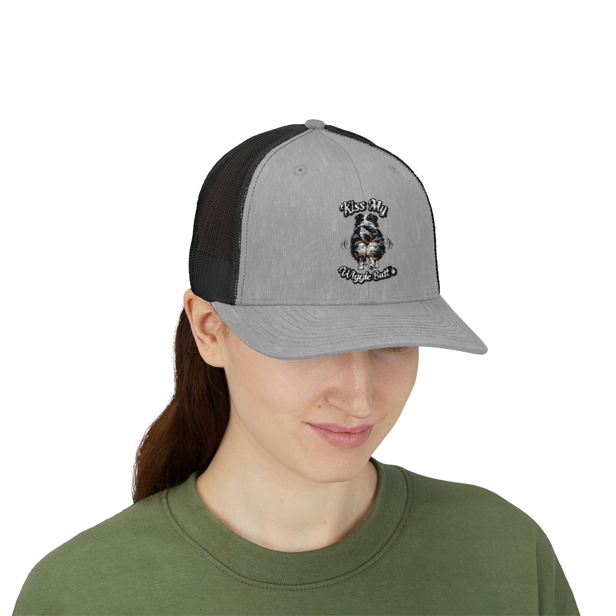 Kiss My Wiggle Butt Aussie Hat | Australian Shepherd Trucker Cap | Funny Dog Hat | Aussie Mom/Dad Gift