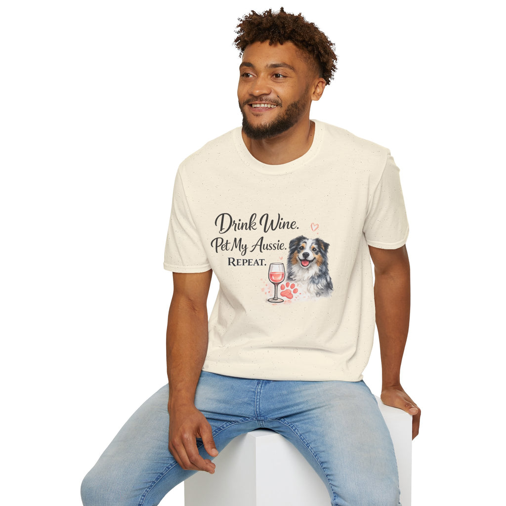 Drink Wine Pet My Aussie Repeat T-Shirt – Funny Australian Shepherd Dog Mom Tee, Aussie Lover Gift, Wine Lover Dog Owner Shirt