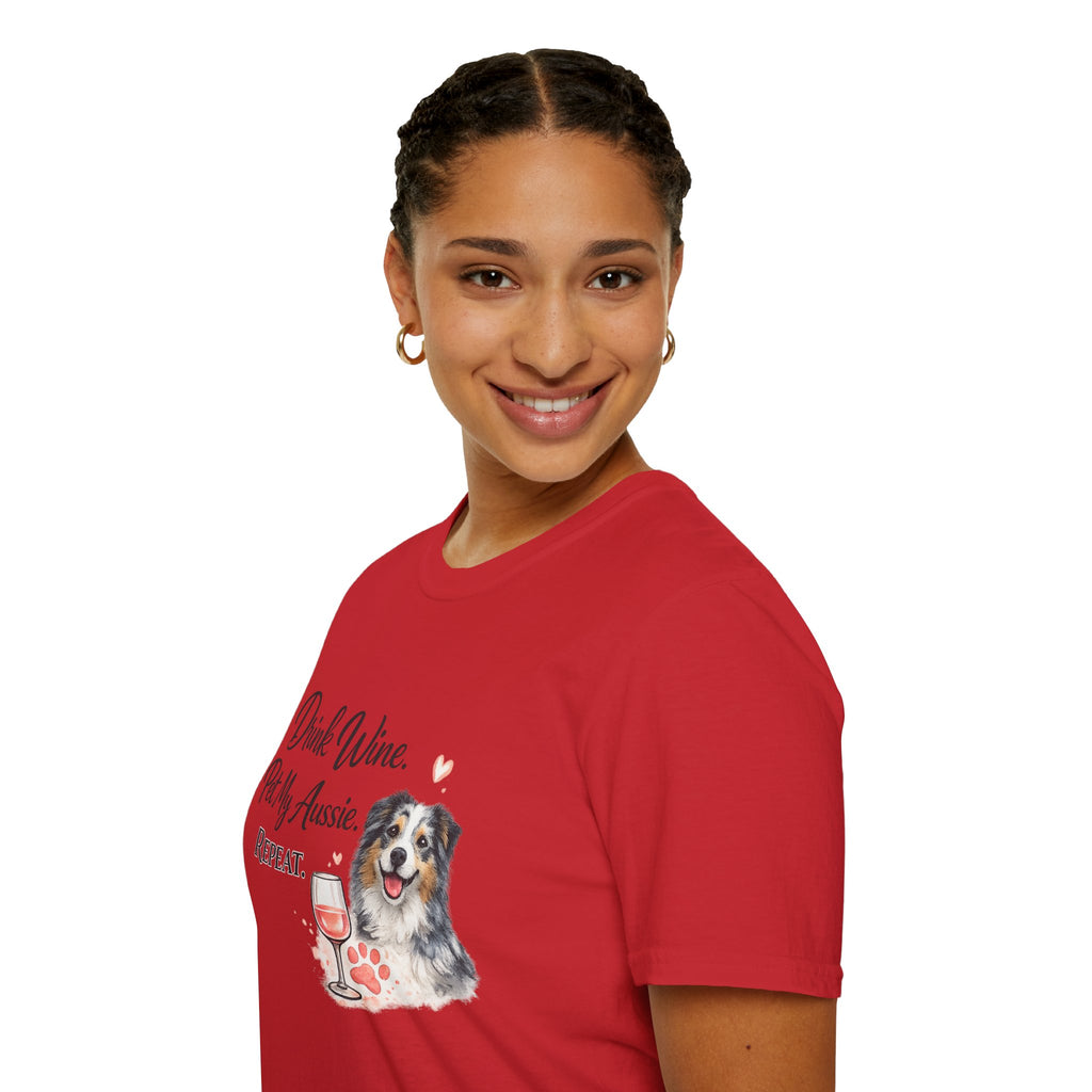 Drink Wine Pet My Aussie Repeat T-Shirt – Funny Australian Shepherd Dog Mom Tee, Aussie Lover Gift, Wine Lover Dog Owner Shirt