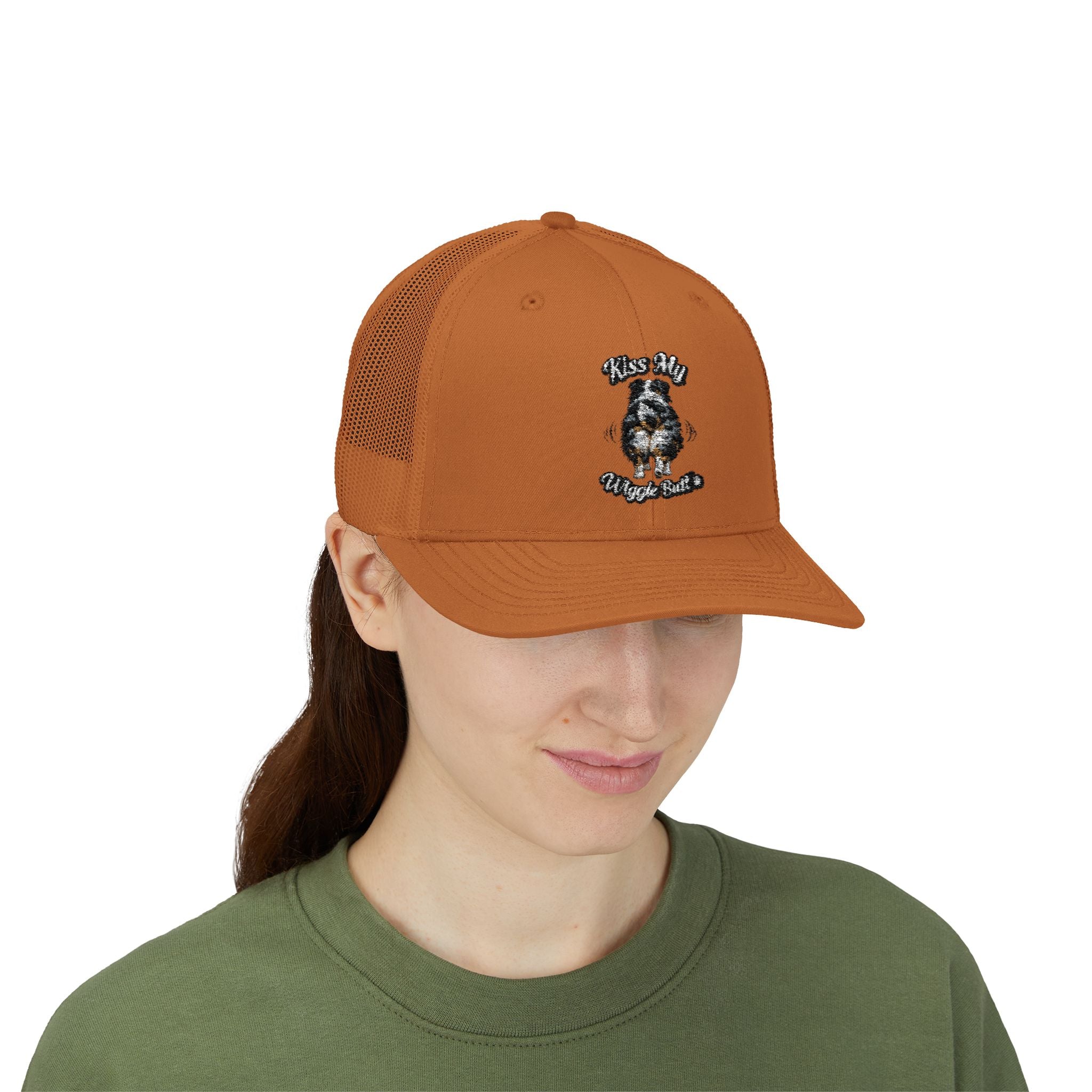 Kiss My Wiggle Butt Aussie Hat | Australian Shepherd Trucker Cap | Funny Dog Hat | Aussie Mom/Dad Gift