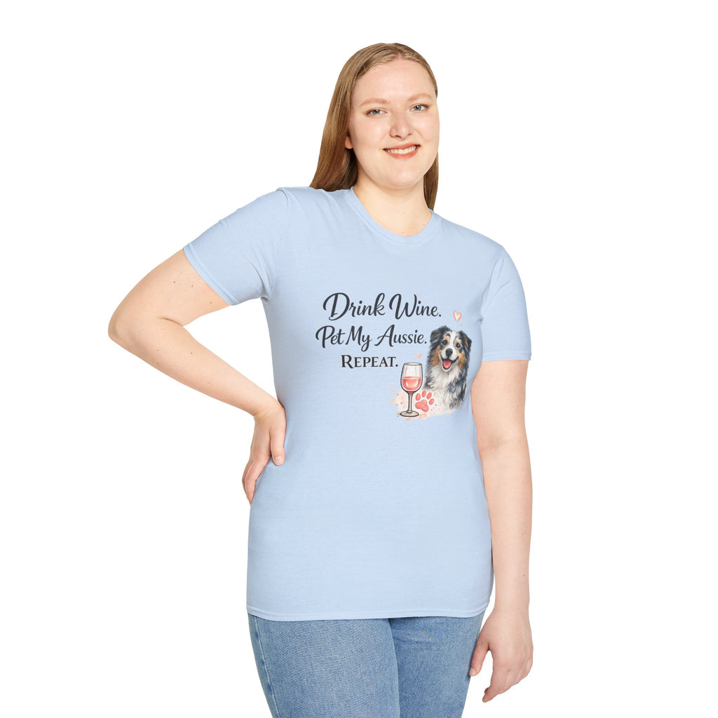 Drink Wine Pet My Aussie Repeat T-Shirt – Funny Australian Shepherd Dog Mom Tee, Aussie Lover Gift, Wine Lover Dog Owner Shirt