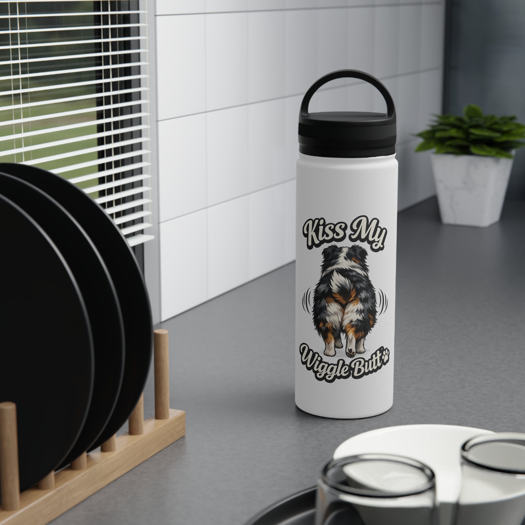 Kiss My Wiggle Butt Water Bottle | Aussie Dog Lover Gift | Australian Shepherd Funny Bottle | Dog Mom/Dad Hydration Bottle