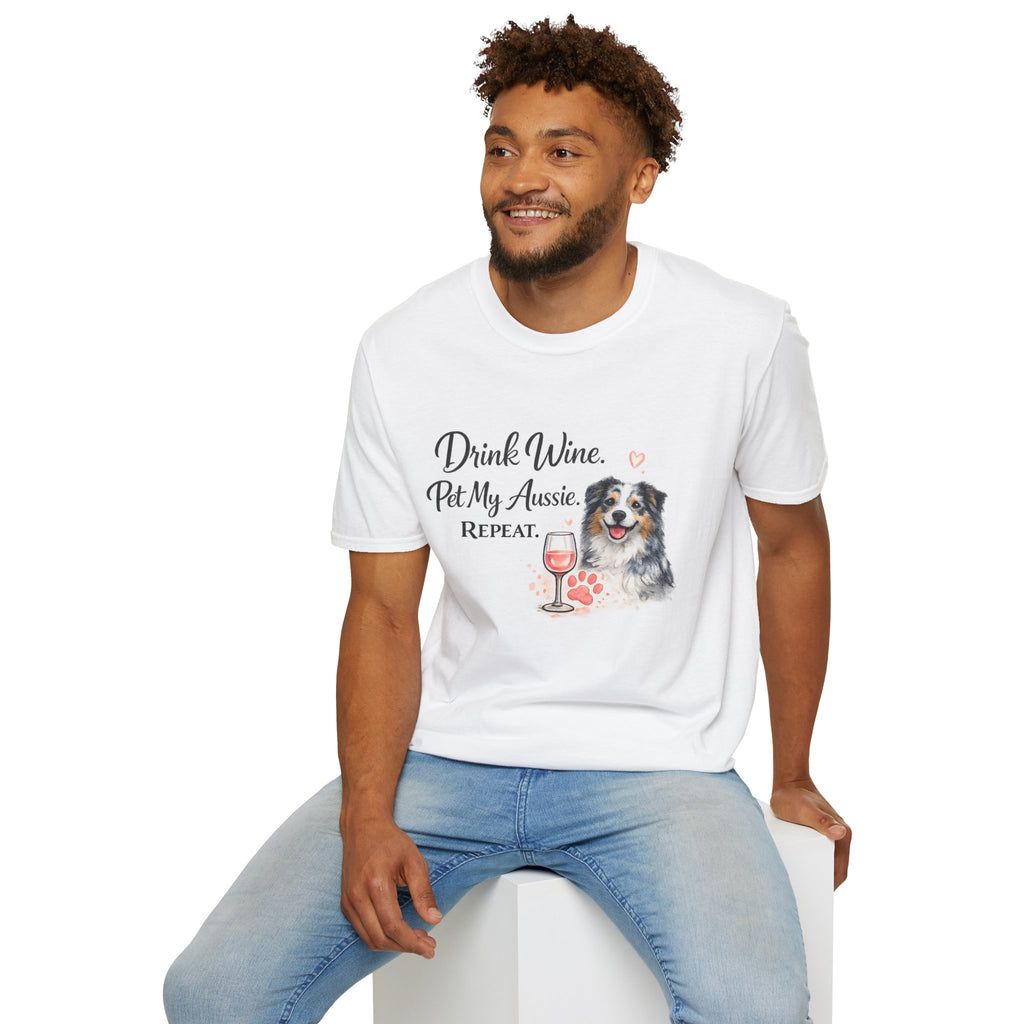 Drink Wine Pet My Aussie Repeat T-Shirt – Funny Australian Shepherd Dog Mom Tee, Aussie Lover Gift, Wine Lover Dog Owner Shirt