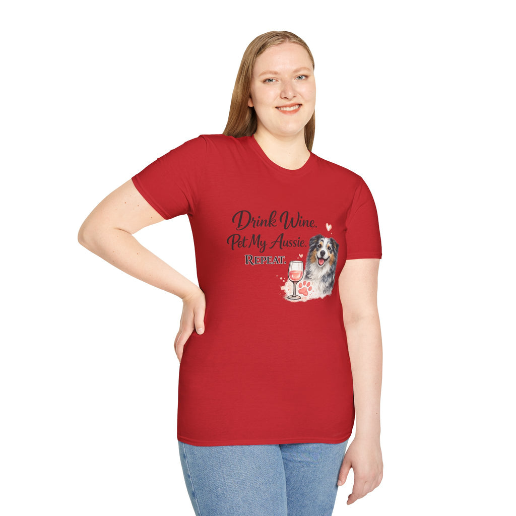 Drink Wine Pet My Aussie Repeat T-Shirt – Funny Australian Shepherd Dog Mom Tee, Aussie Lover Gift, Wine Lover Dog Owner Shirt