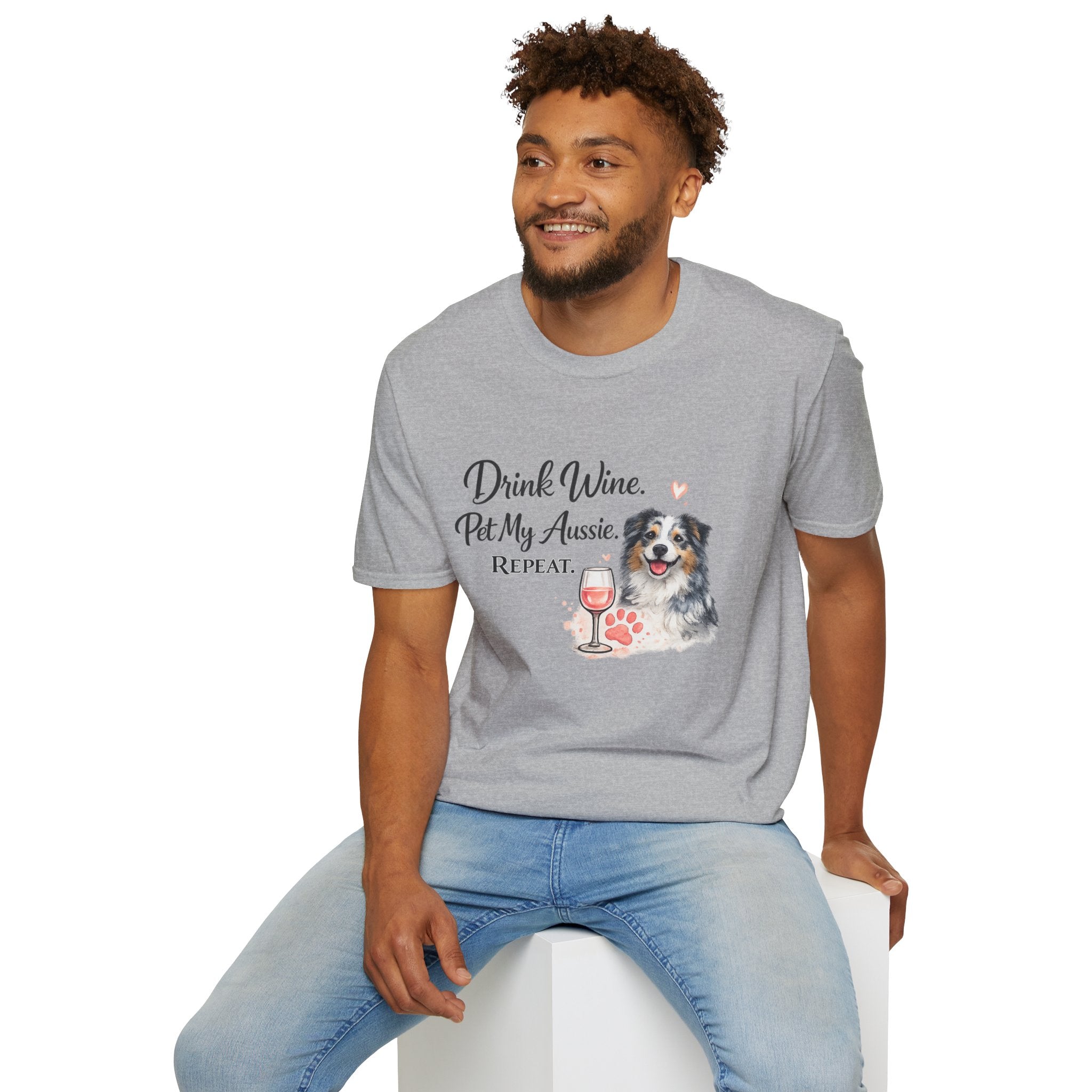 Drink Wine Pet My Aussie Repeat T-Shirt – Funny Australian Shepherd Dog Mom Tee, Aussie Lover Gift, Wine Lover Dog Owner Shirt