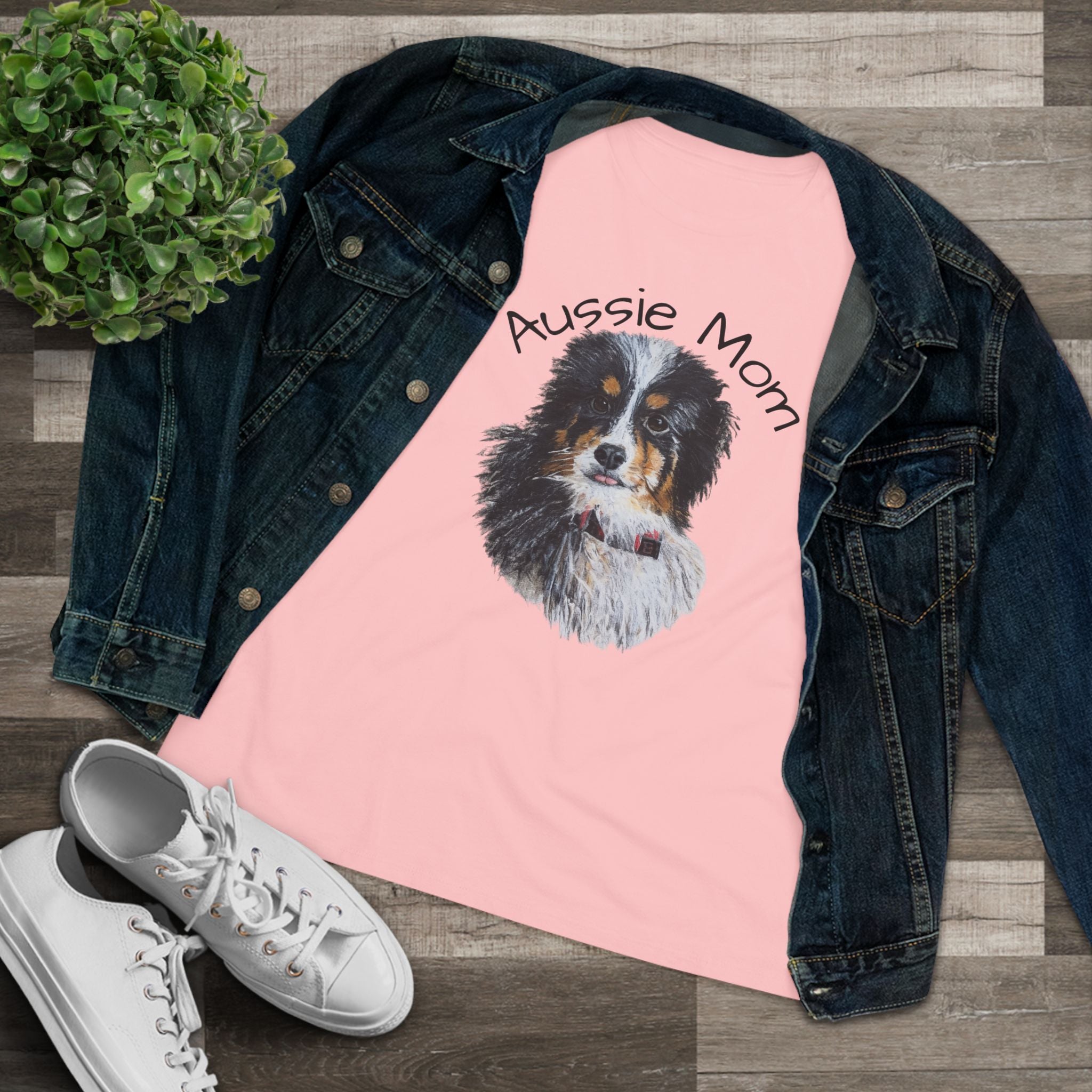 Aussie Mom Life Women's Cotton Tee — Australian Shepherd Portrait Dog Mom Shirt