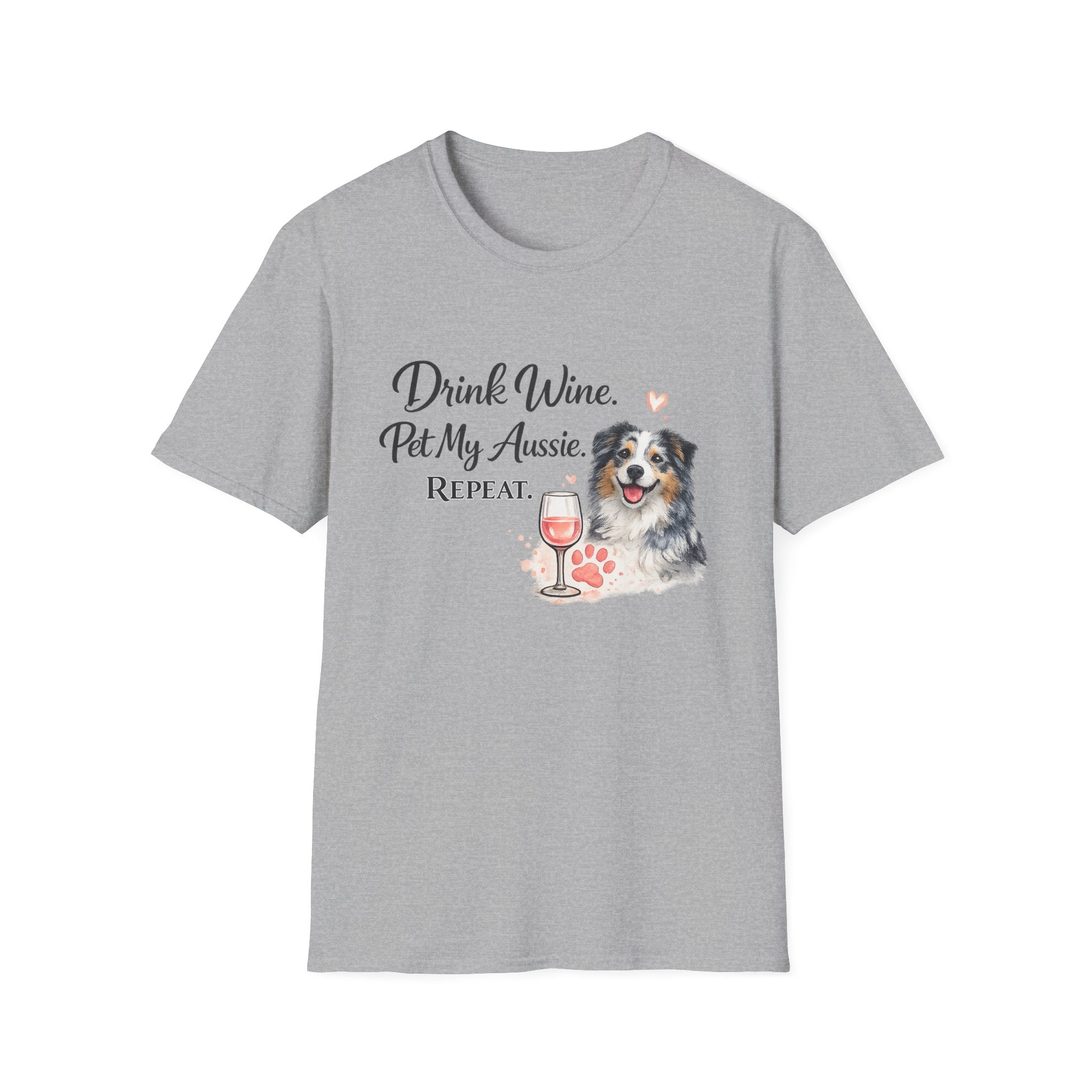 Drink Wine Pet My Aussie Repeat T-Shirt – Funny Australian Shepherd Dog Mom Tee, Aussie Lover Gift, Wine Lover Dog Owner Shirt