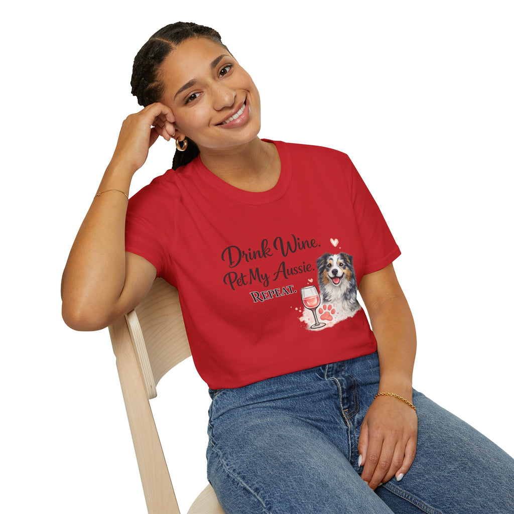 Drink Wine Pet My Aussie Repeat T-Shirt – Funny Australian Shepherd Dog Mom Tee, Aussie Lover Gift, Wine Lover Dog Owner Shirt