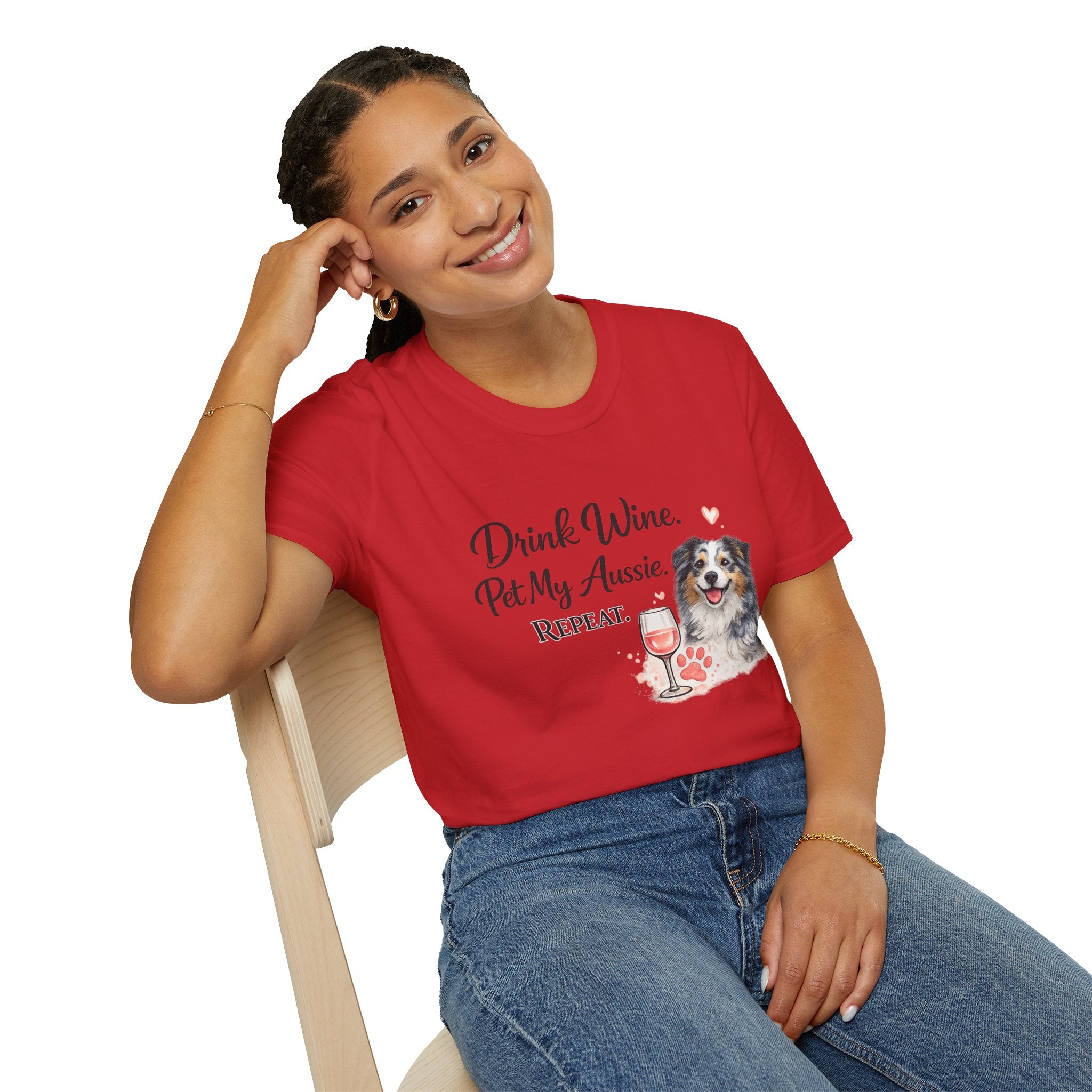 Drink Wine Pet My Aussie Repeat T-Shirt – Funny Australian Shepherd Dog Mom Tee, Aussie Lover Gift, Wine Lover Dog Owner Shirt