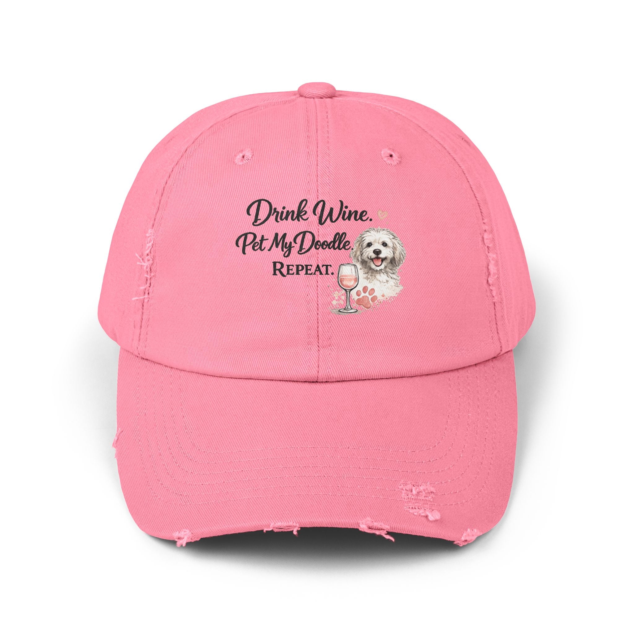 Doodle Wine Repeat Distressed Hat – Funny Doodle Dog Mom Cap, Dog Lover Wine Hat, Cute Pet Owner Gift