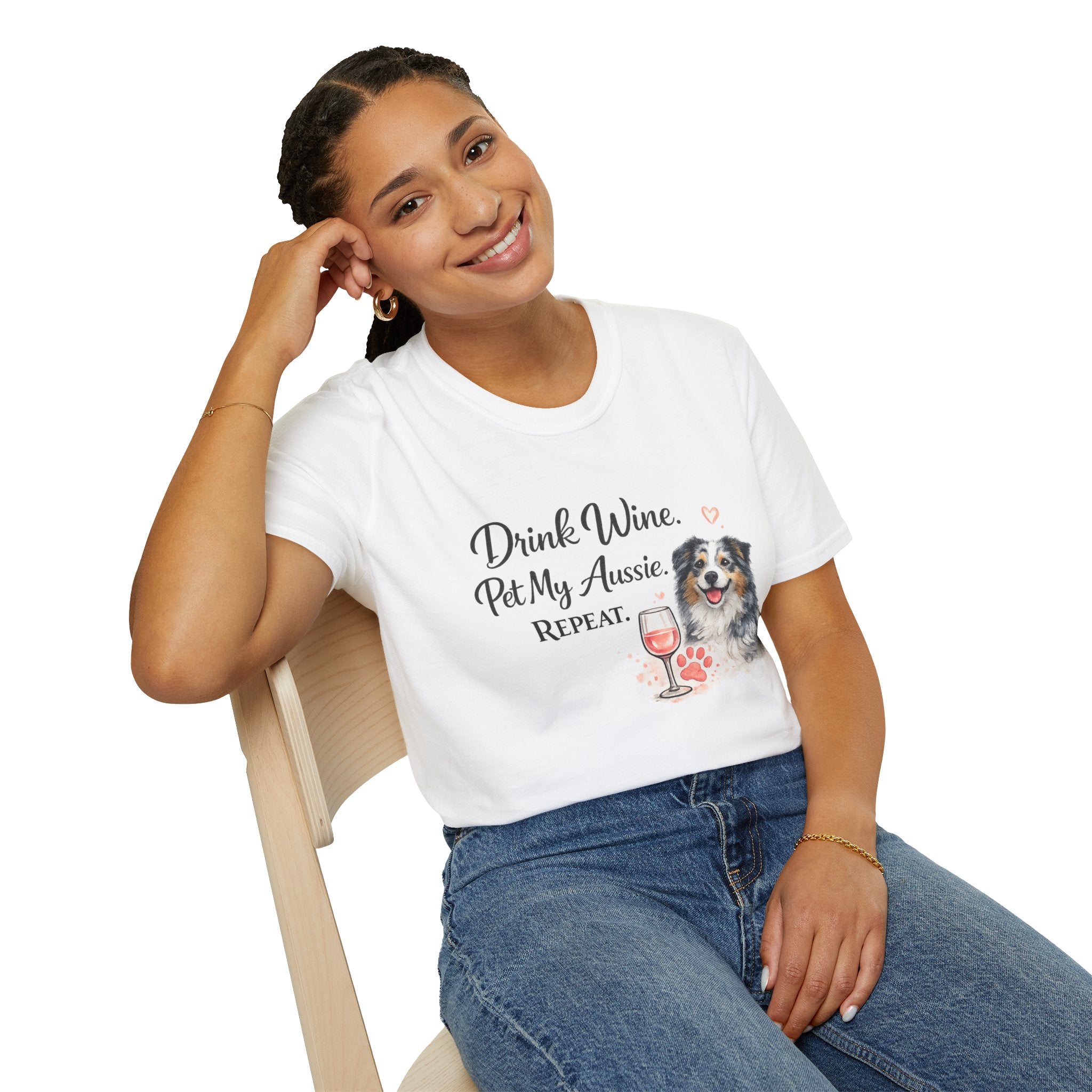Drink Wine Pet My Aussie Repeat T-Shirt – Funny Australian Shepherd Dog Mom Tee, Aussie Lover Gift, Wine Lover Dog Owner Shirt