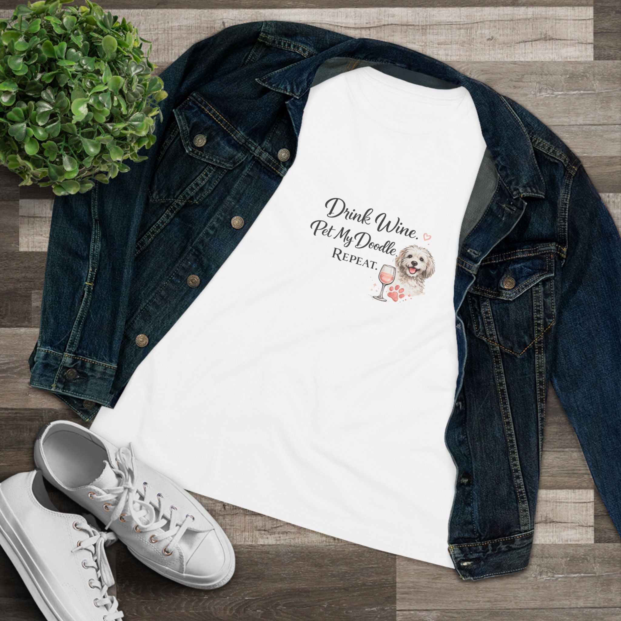 Drink Wine Pet My Doodle Repeat Tee — Women's Dog Lover Wine T‑Shirt